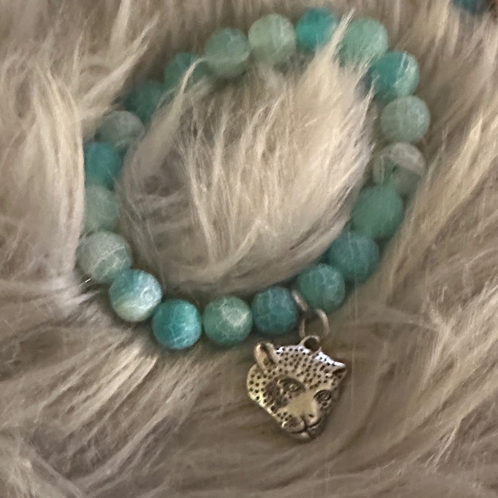 Turquoise Beaded Bracelet with Leopard Charm